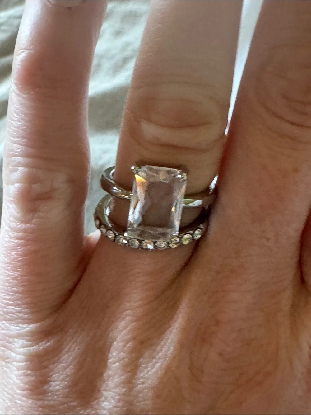 Silver-Toned Crystal Solitaire & Pavé Band Ring Set - Size 7! NEW!